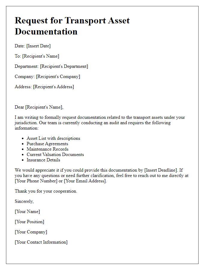 Letter template of transport asset documentation request