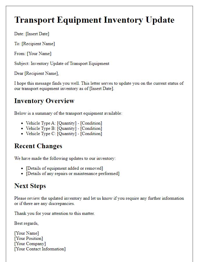 Letter template of transport equipment inventory update