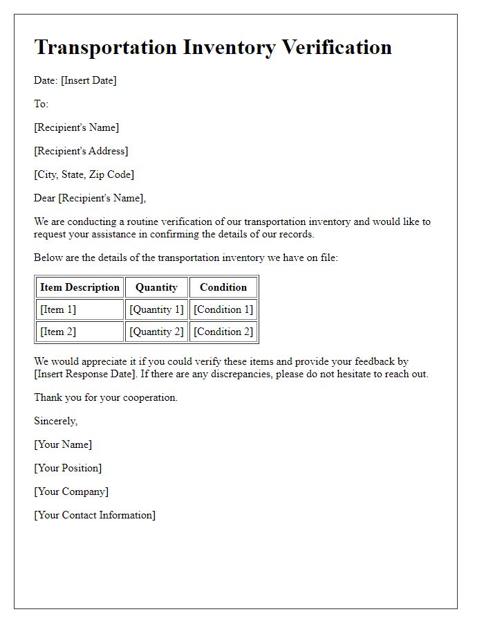 Letter template of transportation inventory verification