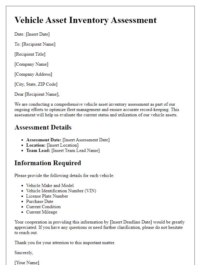 Letter template of vehicle asset inventory assessment