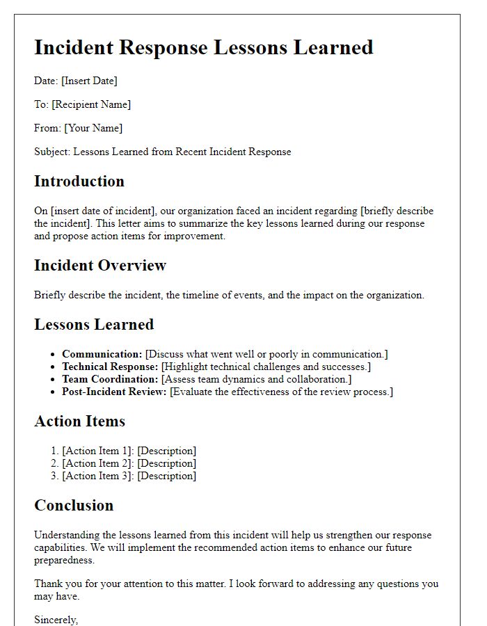 Letter template of incident response lessons learned