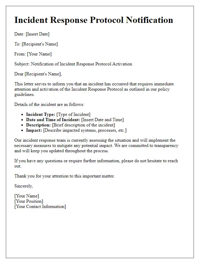 Letter template of incident response protocol notification