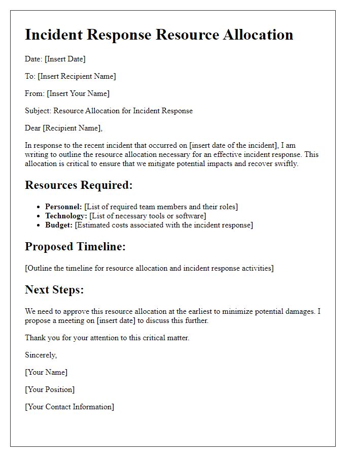 Letter template of incident response resource allocation