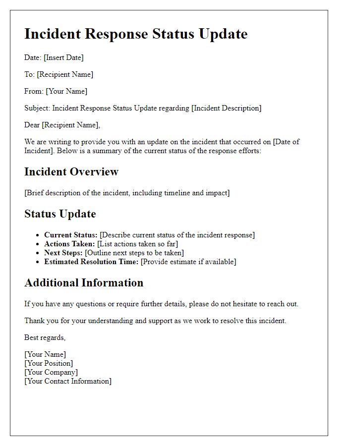 Letter template of incident response status update