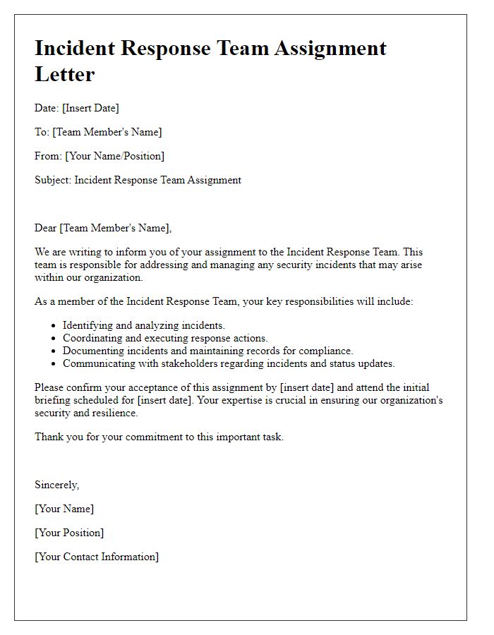 Letter template of incident response team assignment