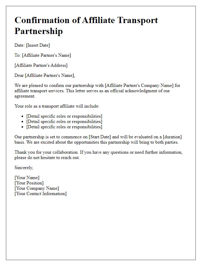 Letter template of confirmation for affiliate transport partnership