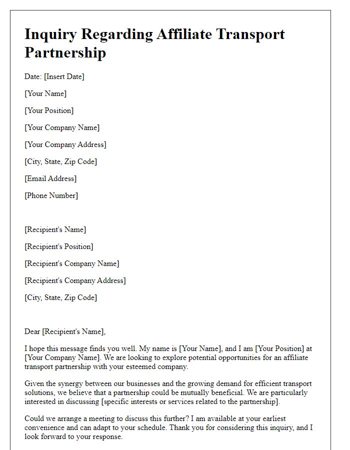 Letter template of inquiry regarding affiliate transport partnership