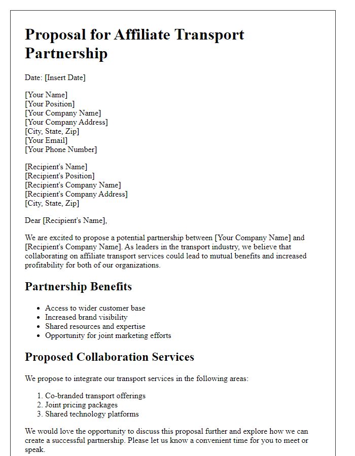 Letter template of proposal for affiliate transport partnership