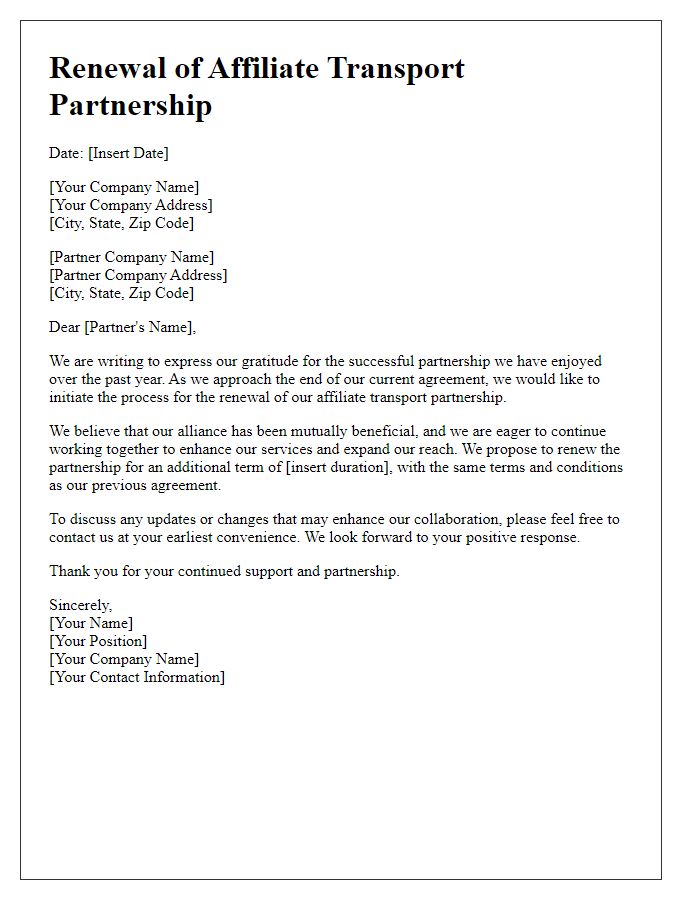 Letter template of renewal for affiliate transport partnership