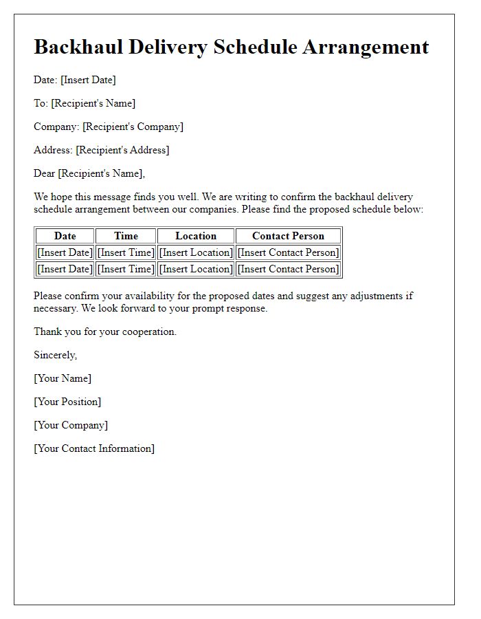 Letter template of backhaul delivery schedule arrangement