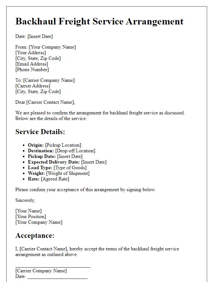 Letter template of backhaul freight service arrangement