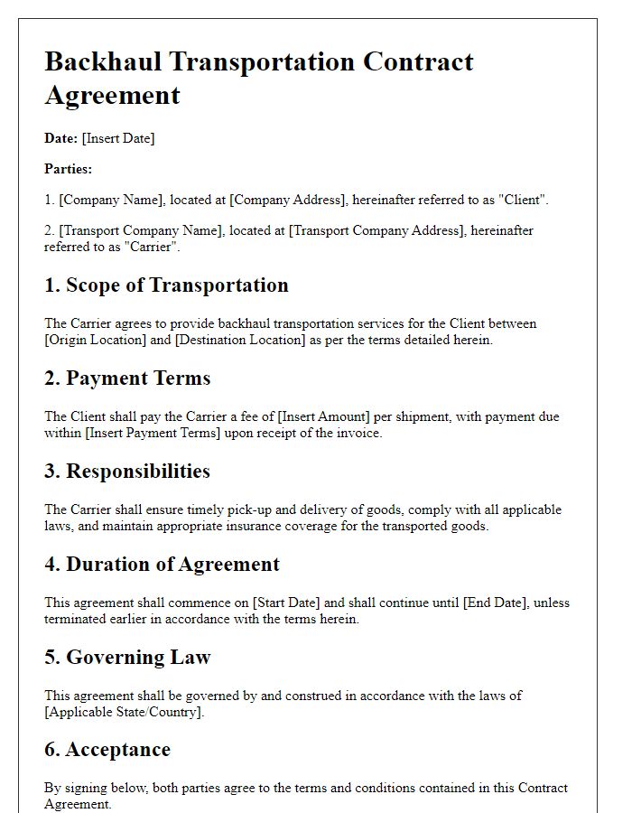 Letter template of backhaul transportation contract agreement