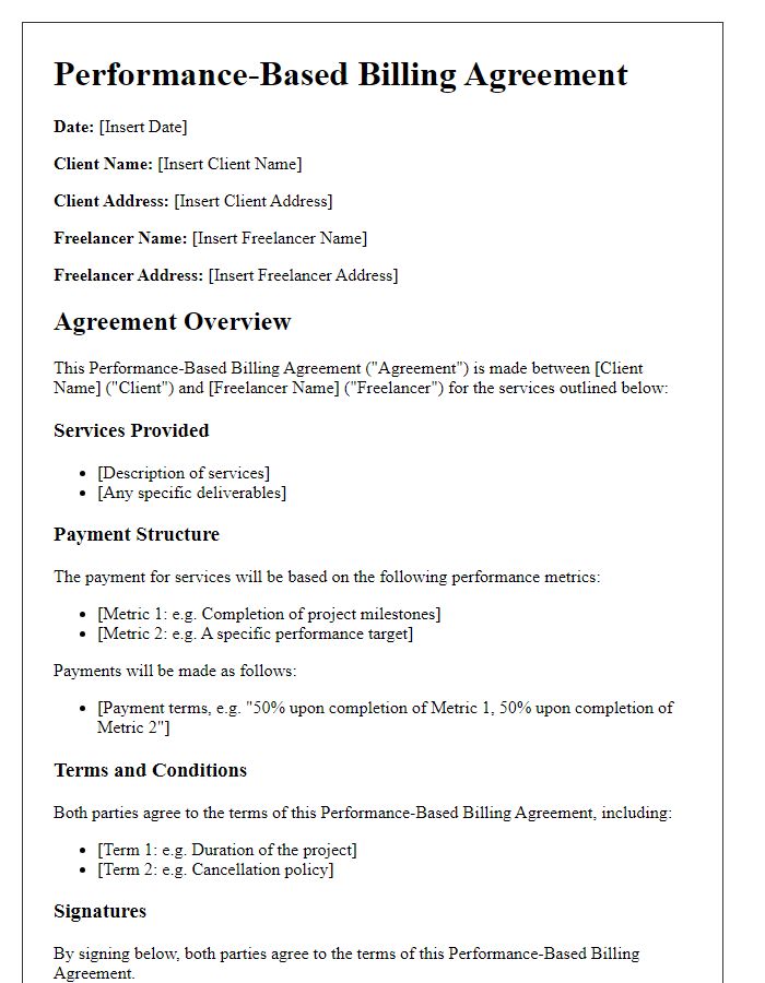 Letter template of performance-based billing agreement for freelance services