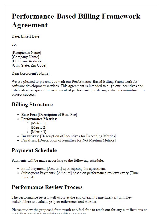 Letter template of performance-based billing framework for software development