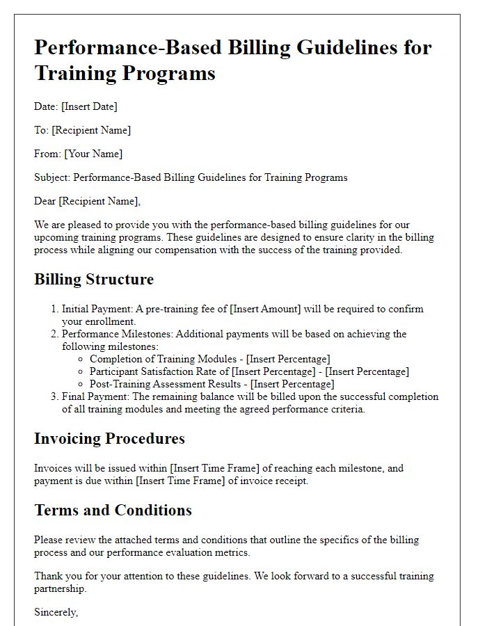 Letter template of performance-based billing guidelines for training programs