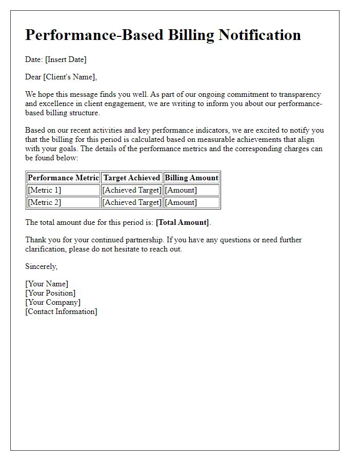 Letter template of performance-based billing notification for client engagement