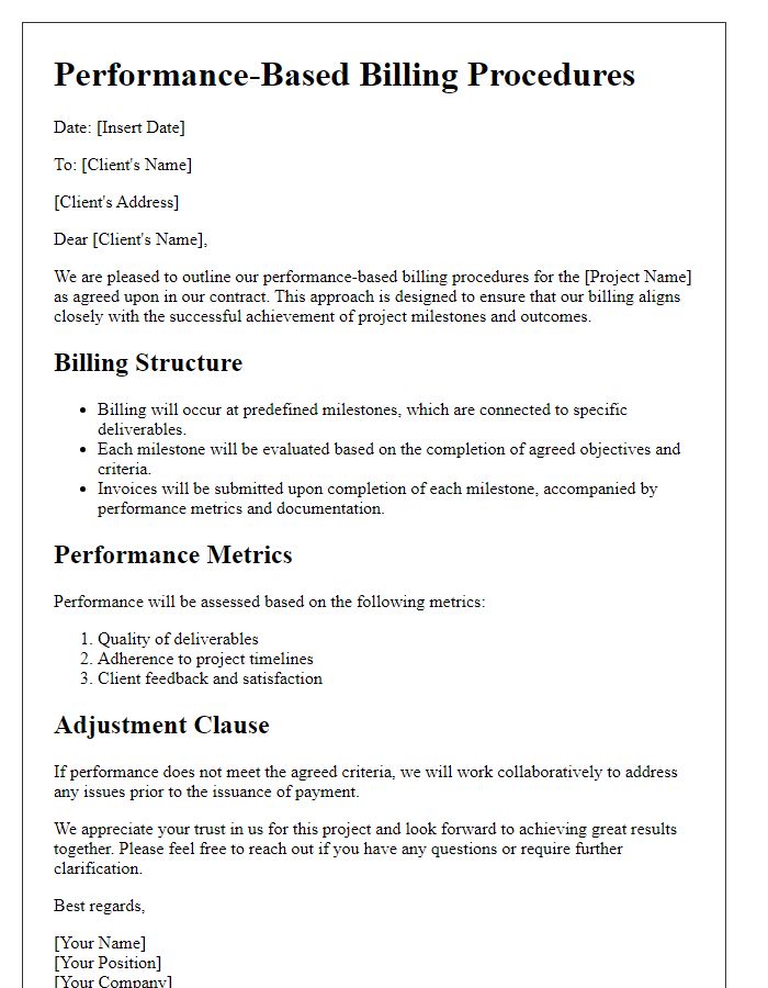 Letter template of performance-based billing procedures for project management