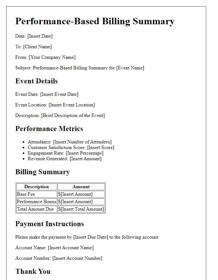 Letter template of performance-based billing summary for event planning