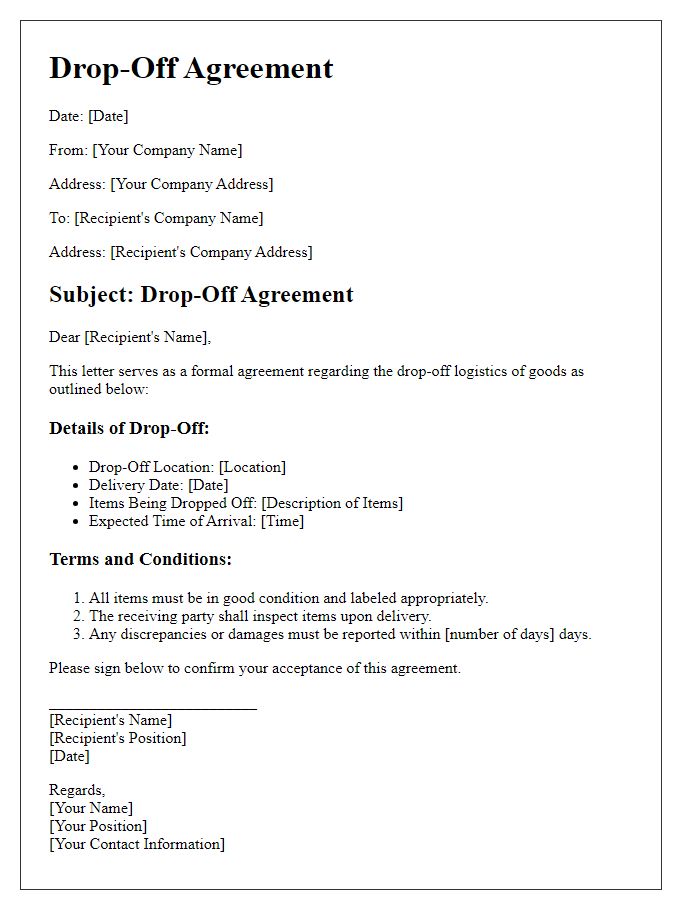 Letter template of Drop-Off Agreement for Logistics