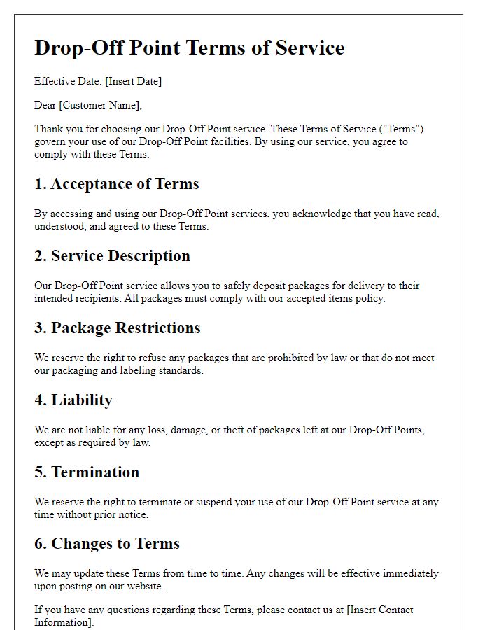 Letter template of Drop-Off Point Terms of Service