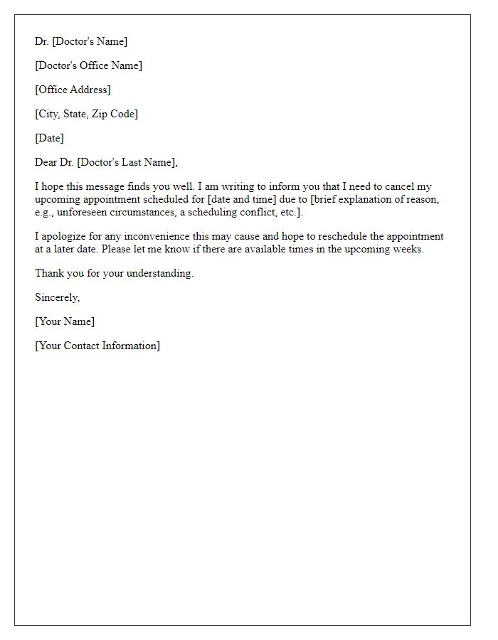 Letter template of explanation for cancelling a doctor's appointment.