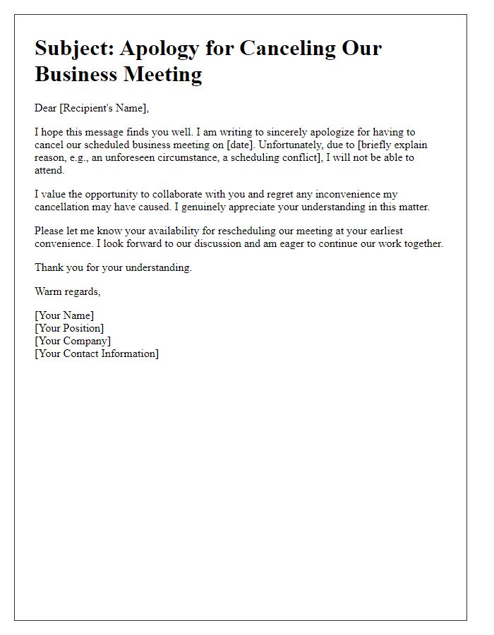 Letter template of remorse for having to cancel a business meeting.