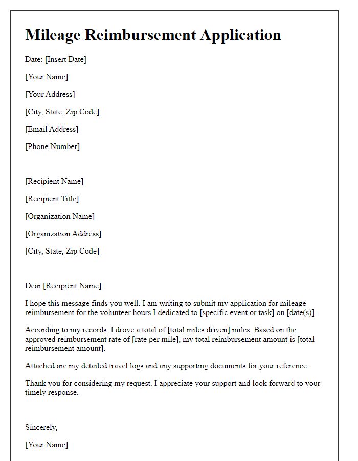 Letter template of mileage reimbursement application for volunteers.