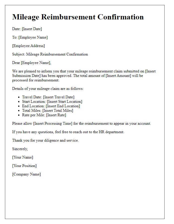 Letter template of mileage reimbursement confirmation for approved claims.