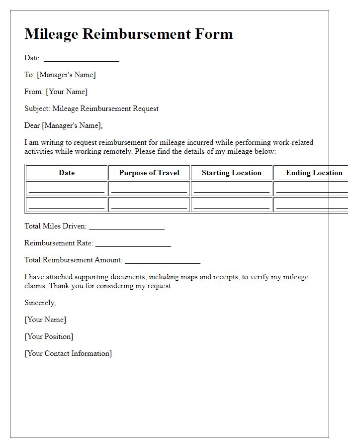 Letter template of mileage reimbursement form for remote workers.