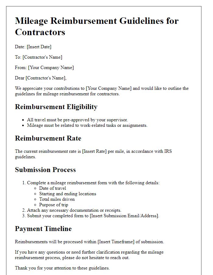 Letter template of mileage reimbursement guidelines for contractors.