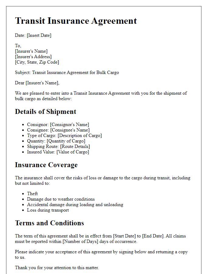 Letter template of Transit Insurance Agreement for Bulk Cargo