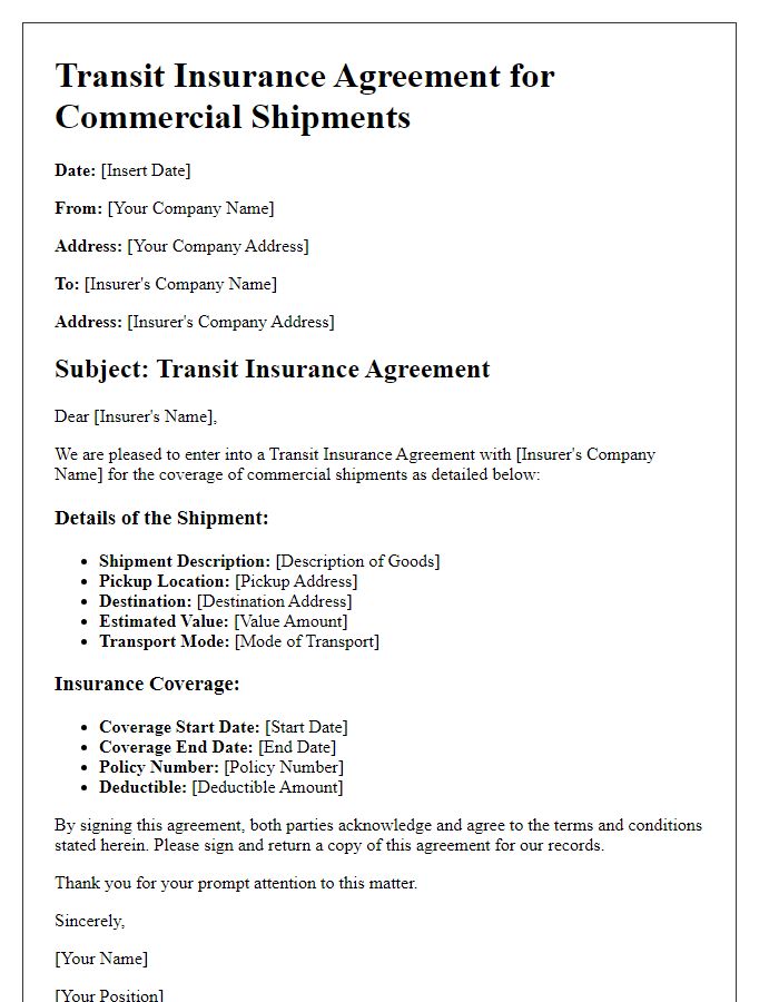 Letter template of Transit Insurance Agreement for Commercial Shipments