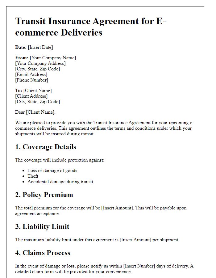 Letter template of Transit Insurance Agreement for E-commerce Deliveries