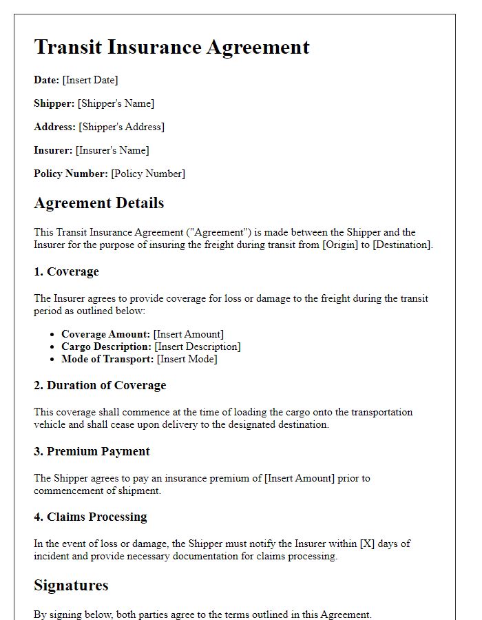 Letter template of Transit Insurance Agreement for Freight Shipping