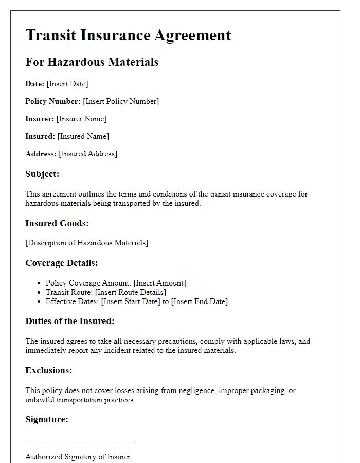 Letter template of Transit Insurance Agreement for Hazardous Materials