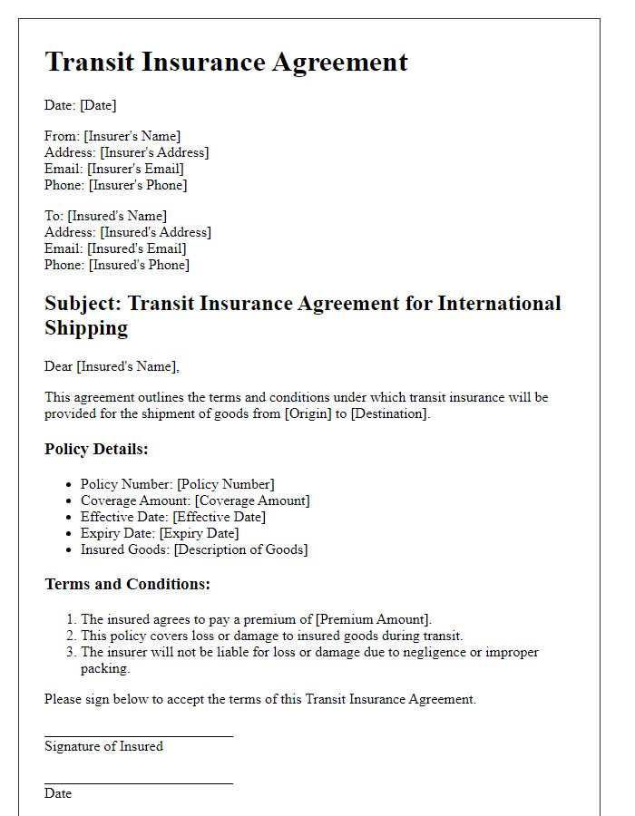 Letter template of Transit Insurance Agreement for International Shipping