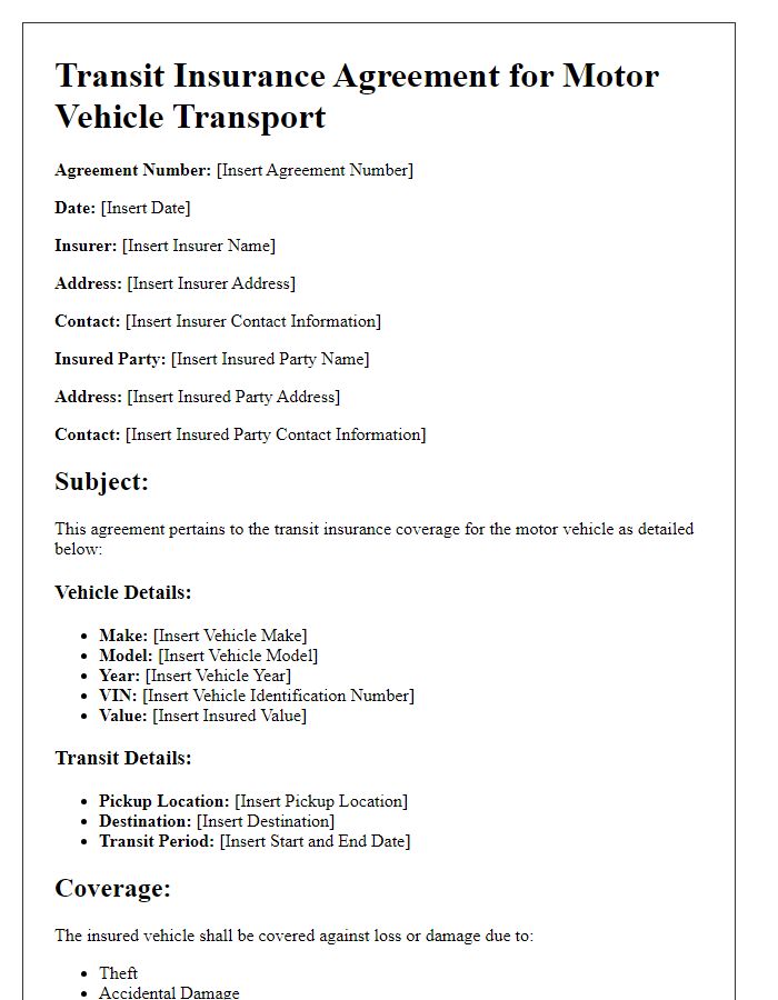 Letter template of Transit Insurance Agreement for Motor Vehicle Transport