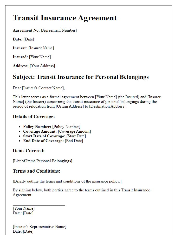 Letter template of Transit Insurance Agreement for Personal Belongings