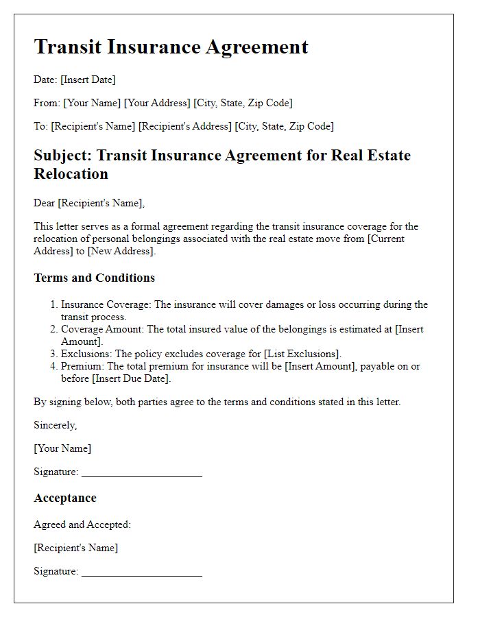 Letter template of Transit Insurance Agreement for Real Estate Relocation