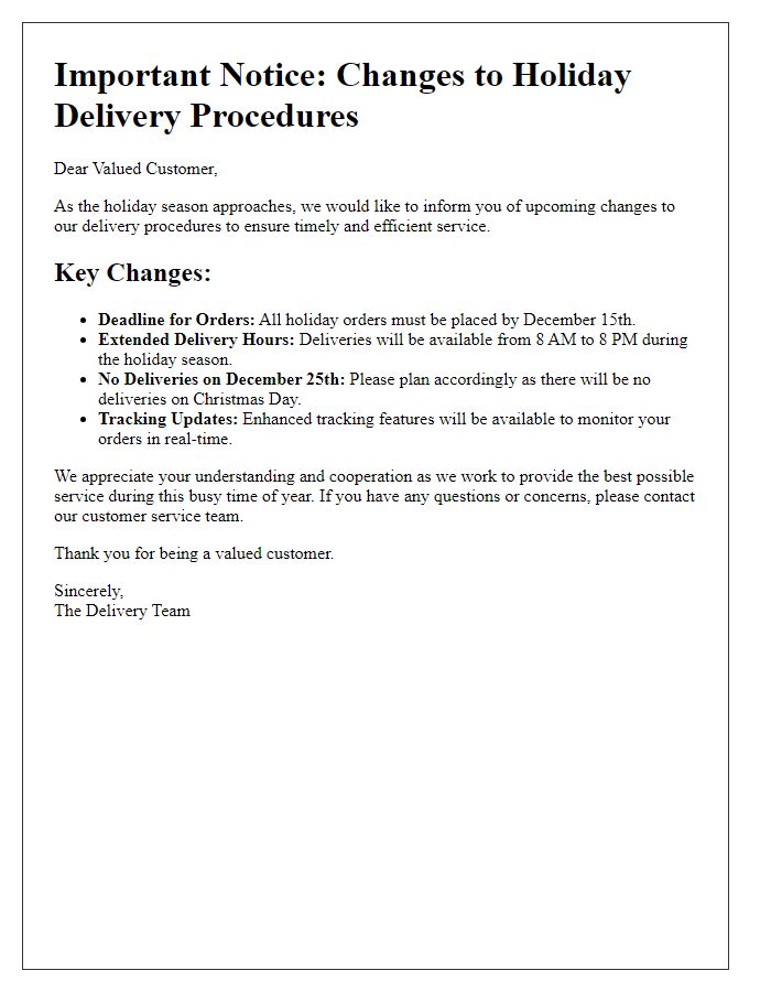 Letter template of holiday delivery procedure changes