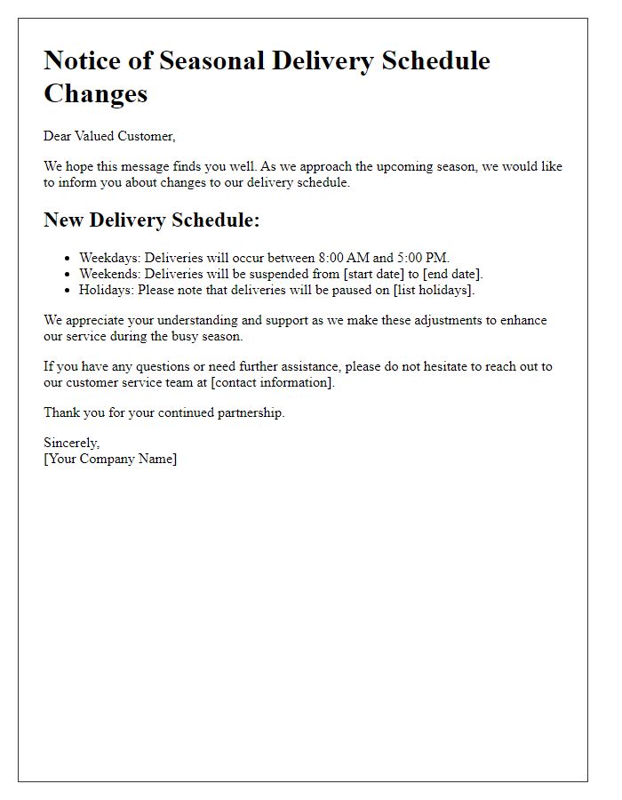 Letter template of seasonal delivery schedule changes