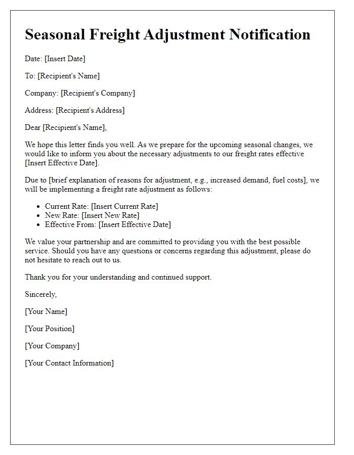 Letter template of seasonal freight adjustments