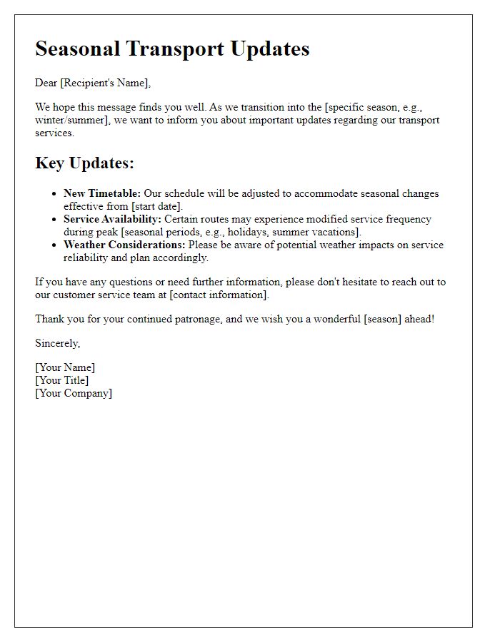 Letter template of seasonal transport updates