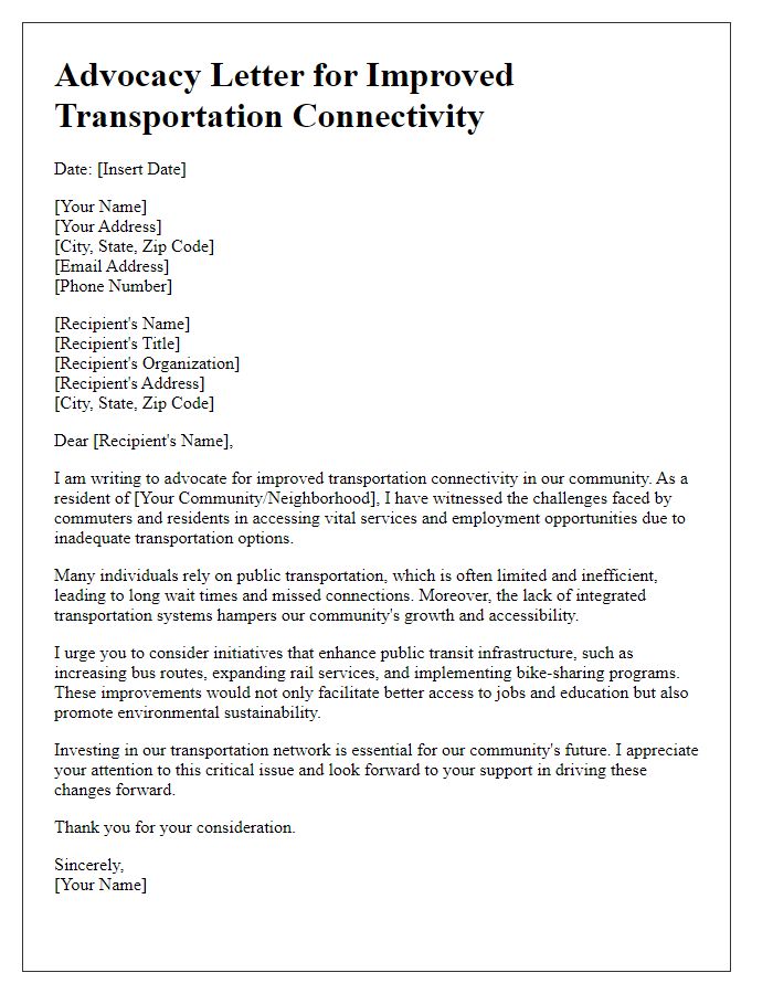 Letter template of advocacy for improved transportation connectivity