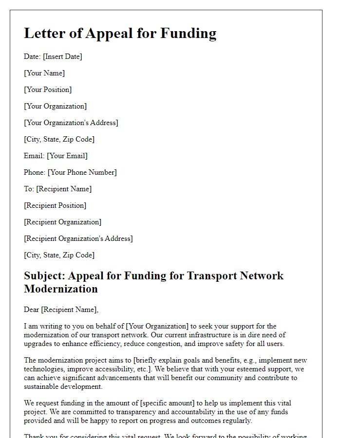 Letter template of appeal for funding transport network modernization