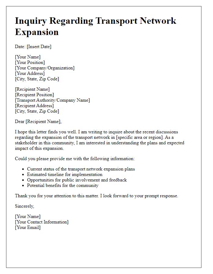 Letter template of inquiry regarding transport network expansion