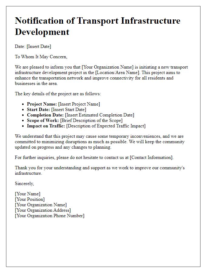 Letter template of notification on transport infrastructure development