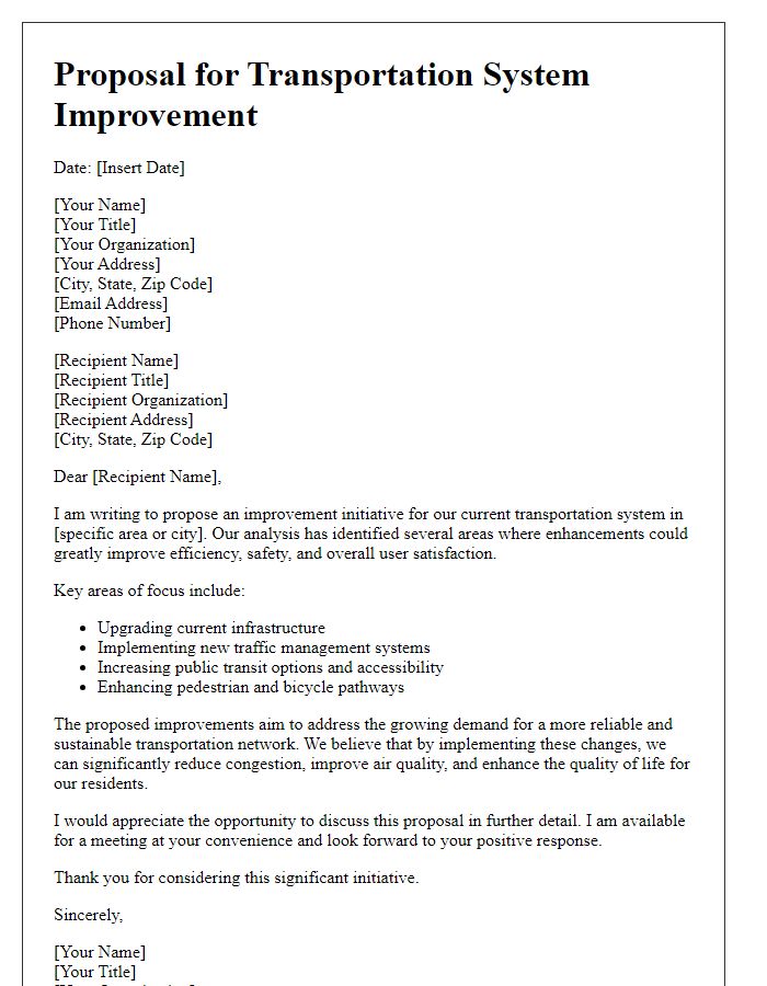 Letter template of proposal for transportation system improvement