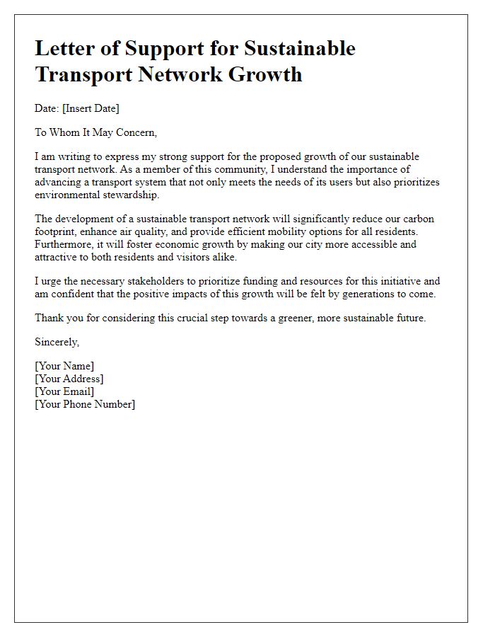 Letter template of support for sustainable transport network growth