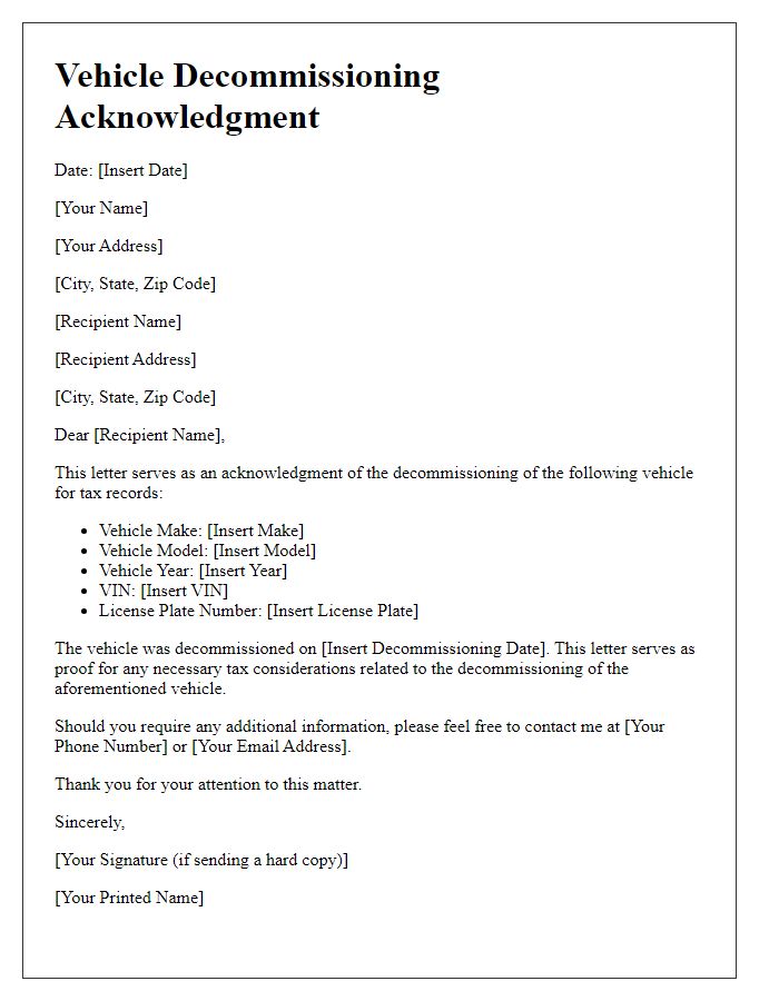 Letter template of vehicle decommissioning acknowledgment for tax records